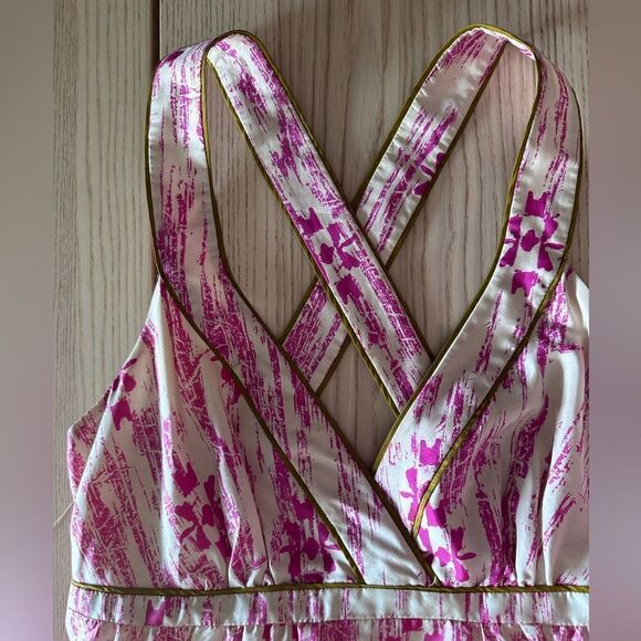 Ann Taylor LOFT 100% Silk tribal maxi cris cross halter Pink, White, & moss Sz 0 - Picture 9 of 9